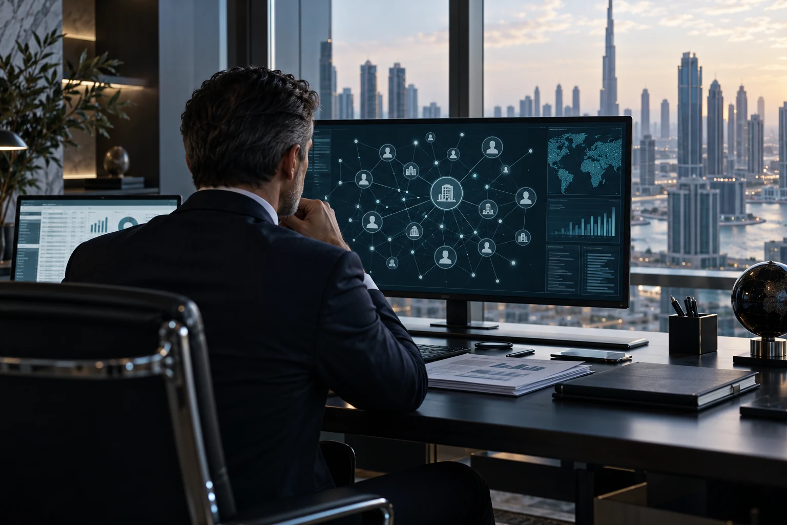Illustrative scene of an investigator reviewing corporate relationships and financial records.
