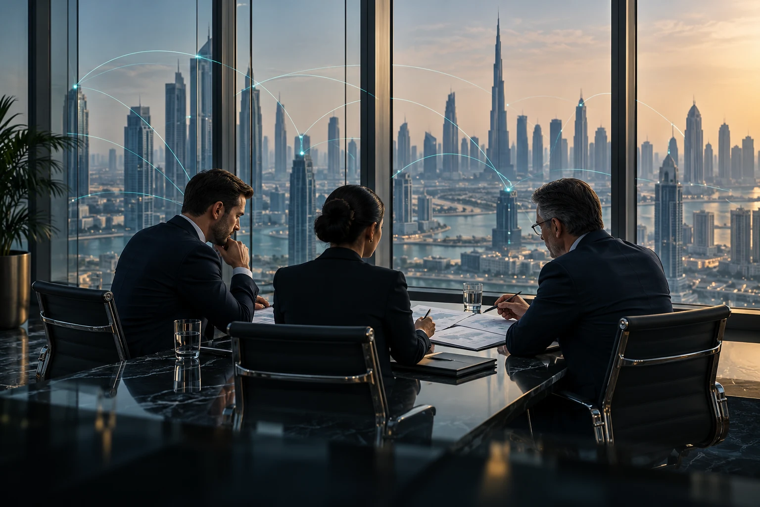 Illustrative scene of professional advisers reviewing a cross-border transaction in a Dubai boardroom.
