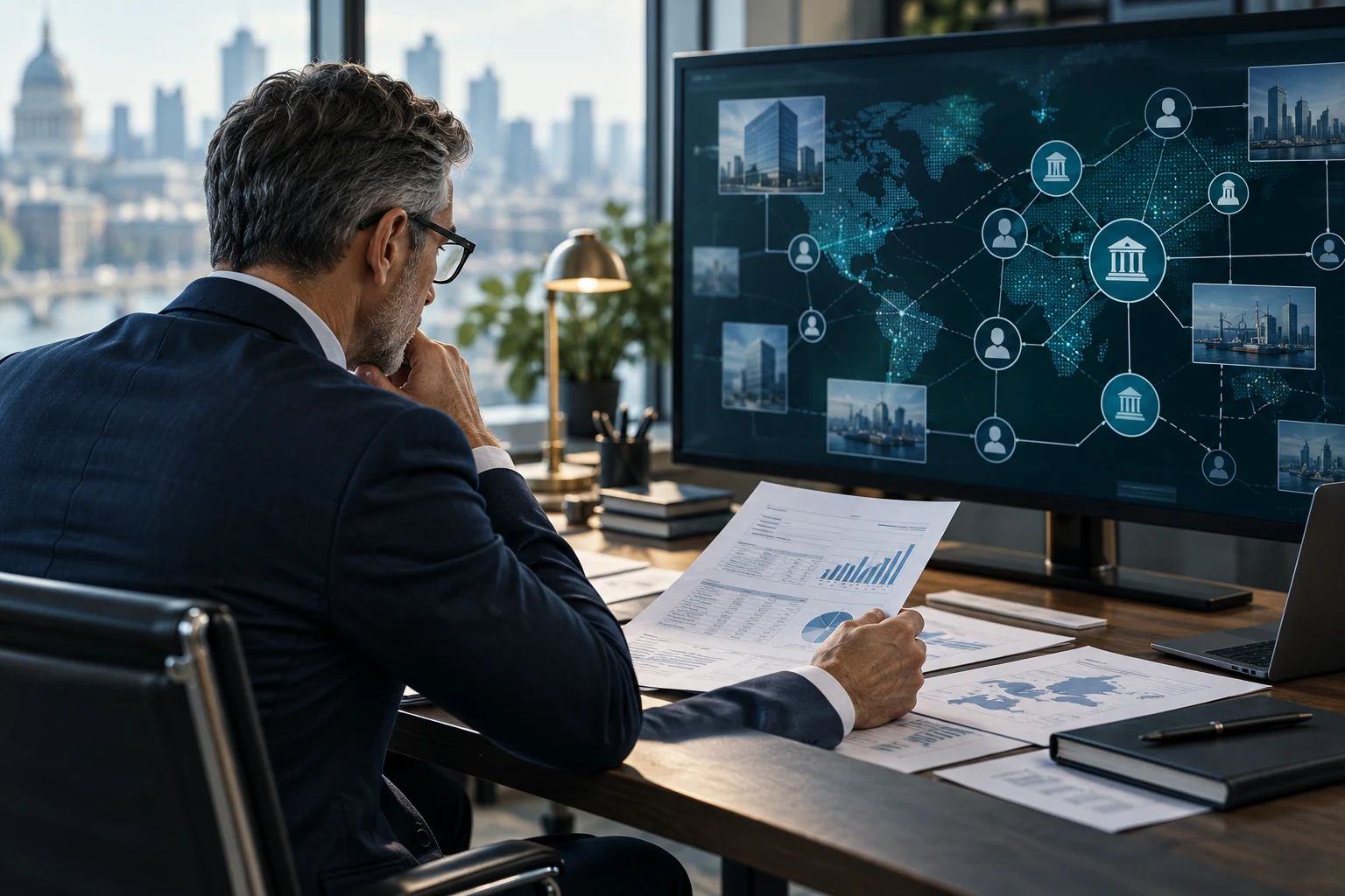 Illustrative scene of an investigator examining financial records and relationship mapping.